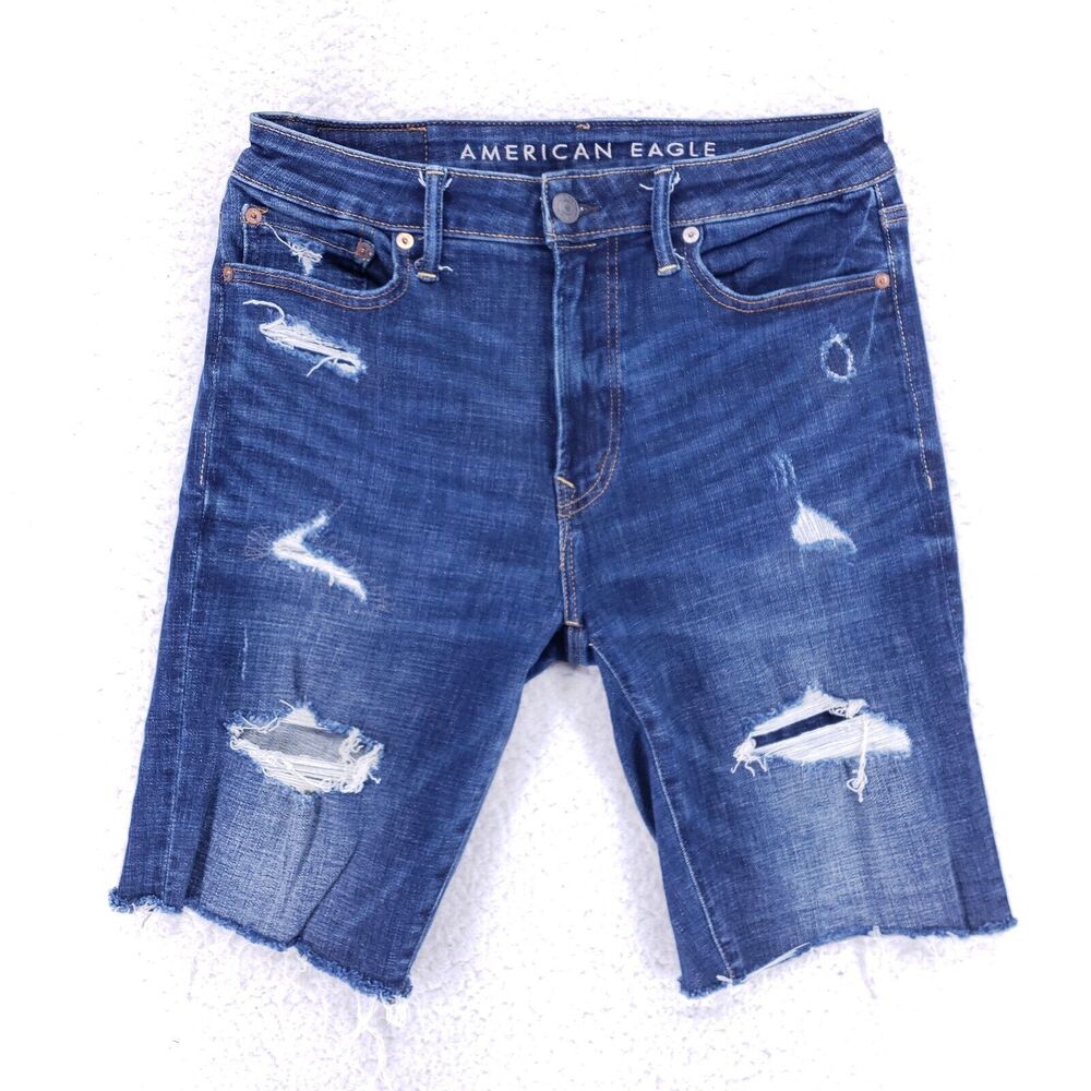 American Eagle Jean Shorts Denim Cotton Men SZ 30 Blue Straight Stretch VTG 90s